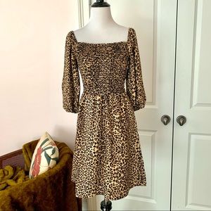 Animal Print Smocked Mini Dress w/ Puff Sleeves